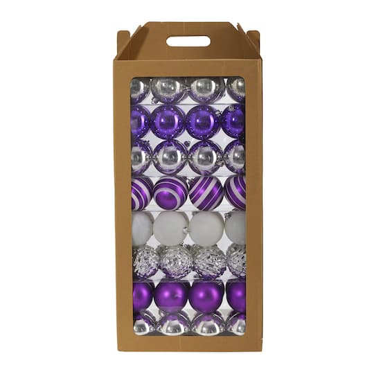 64ct. 3&#x22; Purple &#x26; Silver Shatterproof Ball Ornaments